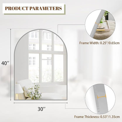 BEAUTYPEAK 30"x40" Arch Bathroom Wall Mirror, Silver | Wall Mounted Vanity Metal Frame Mirror for Bedroom, Entryway, Living Room, Fireplace