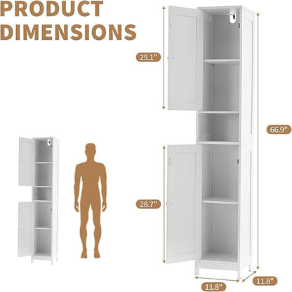 GarveeHome Tall Narrow Bathroom Cabinet, 66.9" Small Skinny Bathroom Storage Cabinet for Small Spaces | Freestanding Water Resistant Organizer for Bathroom, Kitchen, Hallway (2 Doors, White)