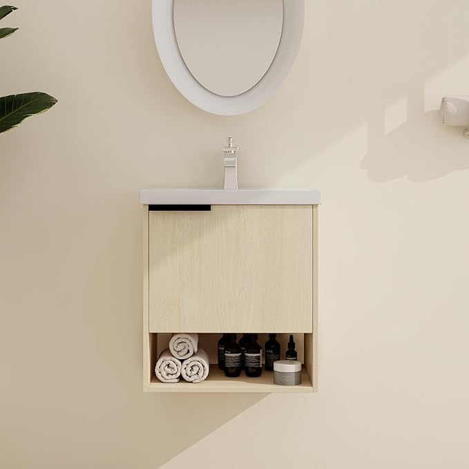Malwee 20" Floating Bathroom Vanity with Sink, 20 Inch Single Sink Wall Mounted Bathroom Vanity, with 1 Door and White Ceramic Basin Top for Small Space, Plywood(066-20MA)