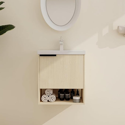 Malwee 20" Floating Bathroom Vanity with Sink, 20 Inch Single Sink Wall Mounted Bathroom Vanity, with 1 Door and White Ceramic Basin Top for Small Space, Plywood(066-20MA)