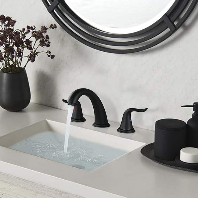 WOWOW Widespread Bathroom Faucet - 3 Hole, Black, 8 Inch Center, Double Handle, High Arc, Lavatory Basin Faucet with Pop Up Drain Assembly