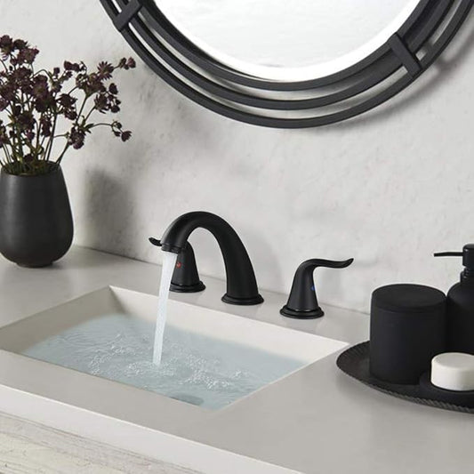 WOWOW Widespread Bathroom Faucet - 3 Hole, Black, 8 Inch Center, Double Handle, High Arc, Lavatory Basin Faucet with Pop Up Drain Assembly
