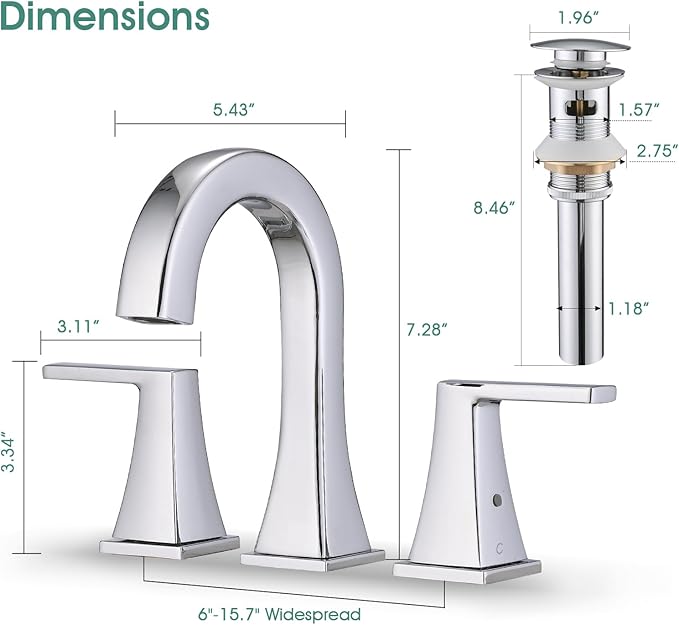 Bathroom Faucets for Sink, 2 Handle Widespread Bathroom Sink Faucet, 3 Hole Modern Stainless Steel Faucet with Pop-up Drain and Water Supply Lines, Chrome