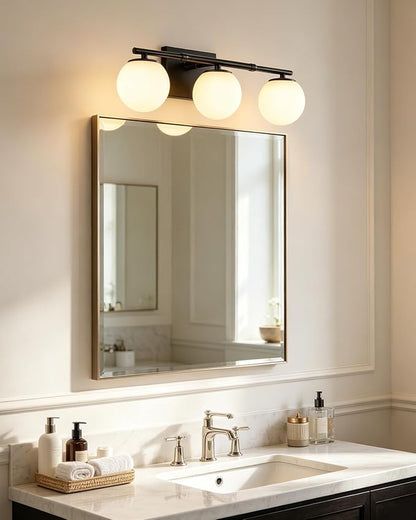 Bathroom Vanity Light Brushed Black 3T Wall Sconce for Mirror | Modern fixture Globe Glass Shade brightness, elivers even brightness. Sturdy metal resists rust. Dresser Bathroom over Mirror