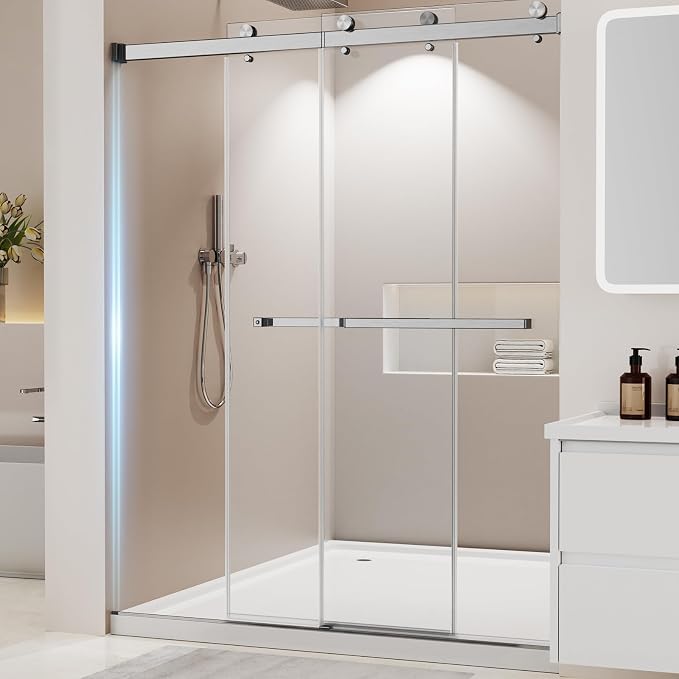 Frameless Stainless Steel Sliding Shower Door, 56-60" W x 76" H - 1/4” (6mm) Thick Tempered Glass Rust-Proof Glass Shower Door with Dual Tracks in Brushed Nickel