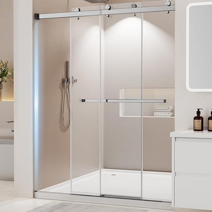 Frameless Stainless Steel Sliding Shower Door, 56-60" W x 76" H - 1/4” (6mm) Thick Tempered Glass Rust-Proof Glass Shower Door with Dual Tracks in Brushed Nickel