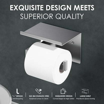 Auxmir No Drilling Self Adhesive Toilet Paper Holder, Premium Rustproof SUS304 Stainless Steel Roll Holder Wall Mount Tissue Holder for Bathroom Kitchen Washroom, Toilet Paper Holder with Shelf-Silver