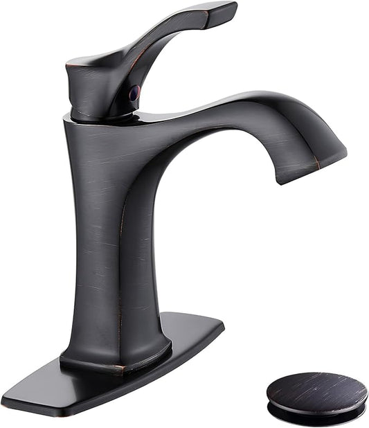 Oil Rubbed Bronze Bathroom Faucet, Sanliv Single Handle Centerset Bathroom Sink Faucet with Pop-Up Drain & Deck Plate for 1 or 3-Hole (4 inch) Installation, Bronze Vanity Faucet, ORB