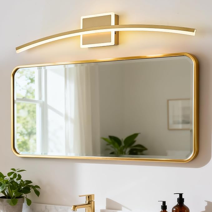 Benkut Modern LED Wall Sconce Gold LED Bathroom Light Fixtures Over Mirror Wall Lighting for Bathroom, Dimmable Long Vanity Light for Bathroom Living Dining Room(5CCT 31.5Inch)