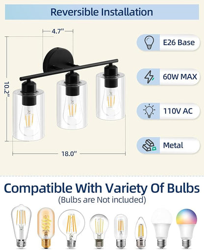 3 Light Bathroom Vanity Light, Black Vanity Lights for Bathroom, Modern Light Fixtures Over Mirror with Clear Glass Shade, Wall Sconce Lighting for Bedroom Living Room Hallway