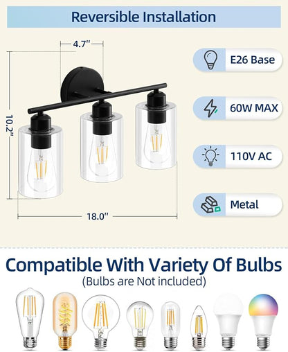 3 Light Bathroom Vanity Light, Black Vanity Lights for Bathroom, Modern Light Fixtures Over Mirror with Clear Glass Shade, Wall Sconce Lighting for Bedroom Living Room Hallway