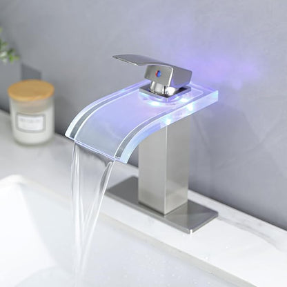 LED Bathroom Sink Faucet, Brushed Nickel Waterfall 1 Hole Single Handle Wide Glass Spout, Vanity Faucets for Sinks with Pop Up Drain Parts