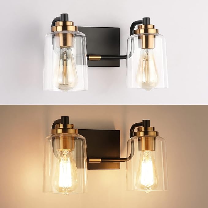 SOLFART Vintage Bathroom Vanity Light Black Bathroom Light fixtures Over Mirror Metal with Clear Glass Brass Fixtures Wall Mount Wall Lighting Sconce (2 Lights)