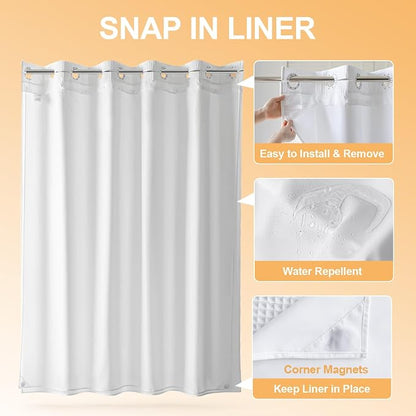 River Dream Cotton Blend No Hook Shower Curtain with Liner, White, 71x78 | with Snap in Liner, Heavyweight Waffle Fabric, Hotel Grade for Bathroom, Water Repellent, Corner Magnets, Machine Washable