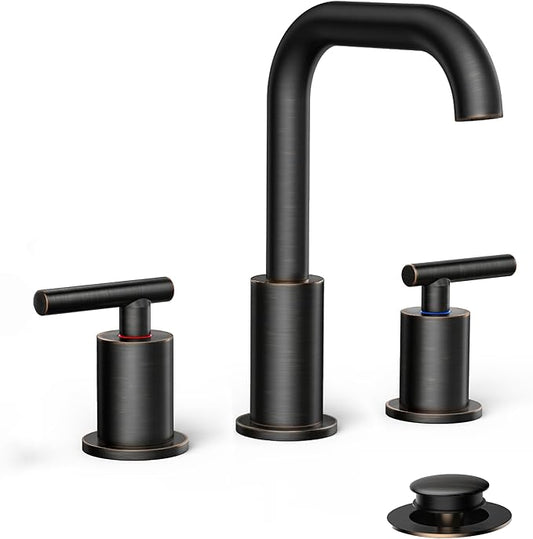 FORIOUS Oil Rubbed Bronze Bathroom Sink Faucets 3 Hole, 8 Inch Widespread Bathroom Faucet with Pop Up Drain and cUPC Supply Lines, for Vanity Restroom RV Lavatory