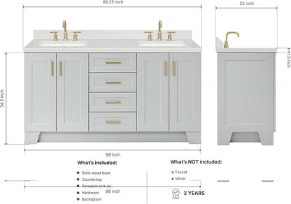 ARIEL Taylor 66-inch Bathroom Vanity with Sink,Solid Wood, 1.5-inch Carrara White Quartz Countertop & Backsplash, Double Rectangular Porcelain Sink, 4 Soft Closing Doors, 5 Dovetail Drawers, Grey