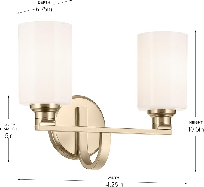 Kichler Gioe 14.25" 2-Light Vanity Light with Opal Glass in Champagne Bronze, Damp Rated, for Bathroom, Powder Room, Over a Mirror, (14.25" W x 10.5" H), 55225CPZ
