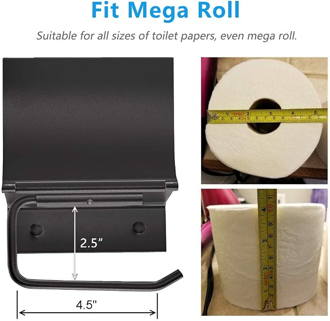 Matte Black Toilet Paper Holder Wall Mounted with Phone Shelf, Universal Modern Toilet Tissue Holder fit Mega Roll Toilet Paper, Cat Proof Toilet Paper Holder Bathroom Metal Aluminum Covered TP Holder | With Cover Lid, Cat Proof, Aluminum Metal, Rustpr...