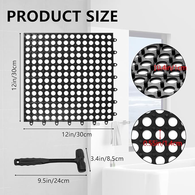 24 Pack Garage Floor Tiles, 12x12 Inch Interlocking Drainage Tiles Non-Slip | Deck Tile with Holes for Bathroom, Pool Deck, Gym, Garage, Kitchen & Wet Areas, Easy Splicing Anti-Fatigue Mat, Black