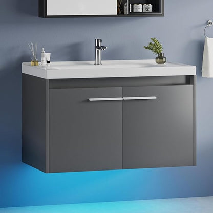 4ever2buy 31" Floating Bathroom Vanity with Sink, Modern Bathroom Vanity with LED Light, Wall Mounted Sink Cabinet with 2 Doors, Grey
