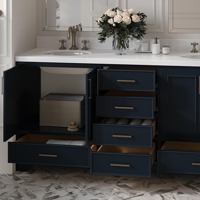 ARIEL Stafford 72-inch Bathroom Vanity with Sink,Solid Wood, 1.5-inch Pure White Quartz Countertop & Backsplash, Double Oval Porcelain Sink, 4 Soft Closing Doors, 6 Dovetail Drawers, Midnight Blue