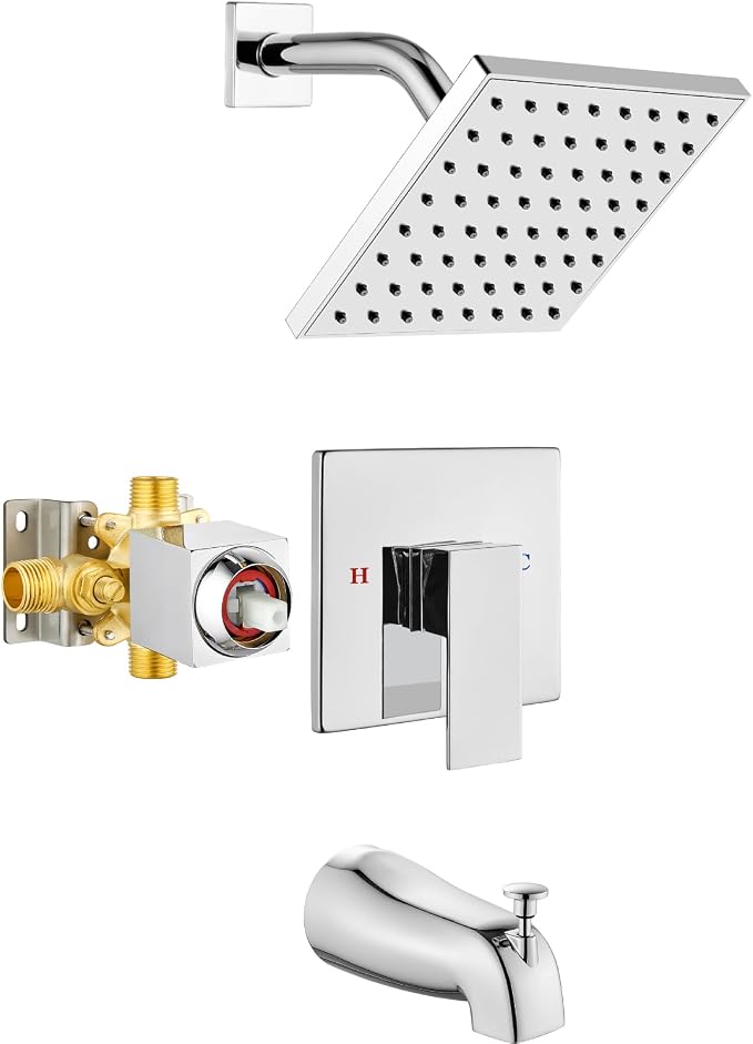Heyalan 6-Inch Shower Faucet Set with Tub Spout and Valve,Polished Chrome | 6-inch square rainfall head, tub spout with diverter, male-thread rough-in valve, single-handle control and wall-mount design