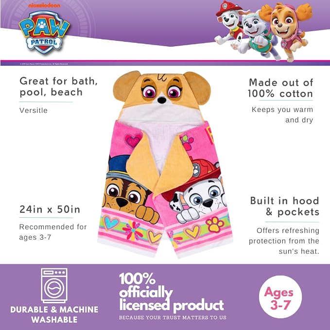 Paw Patrol Girl Skye, Marshall, Chase Kids Super Soft Bath/Pool/Beach Soft Cotton Terry Hooded Towel Wrap, 24 in x 50 in, (Officially Licensed Product) by Franco
