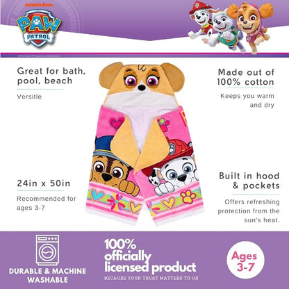 Paw Patrol Girl Skye, Marshall, Chase Kids Super Soft Bath/Pool/Beach Soft Cotton Terry Hooded Towel Wrap, 24 in x 50 in, (Officially Licensed Product) by Franco