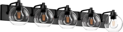 5 Light Bathroom Light Fixtures-Matte Black Bathroom Vanity Lights, Modern Vanity Lights 5-Light Bathroom Lighting Fixtures Over Mirror with Clear Glass Globe Shade