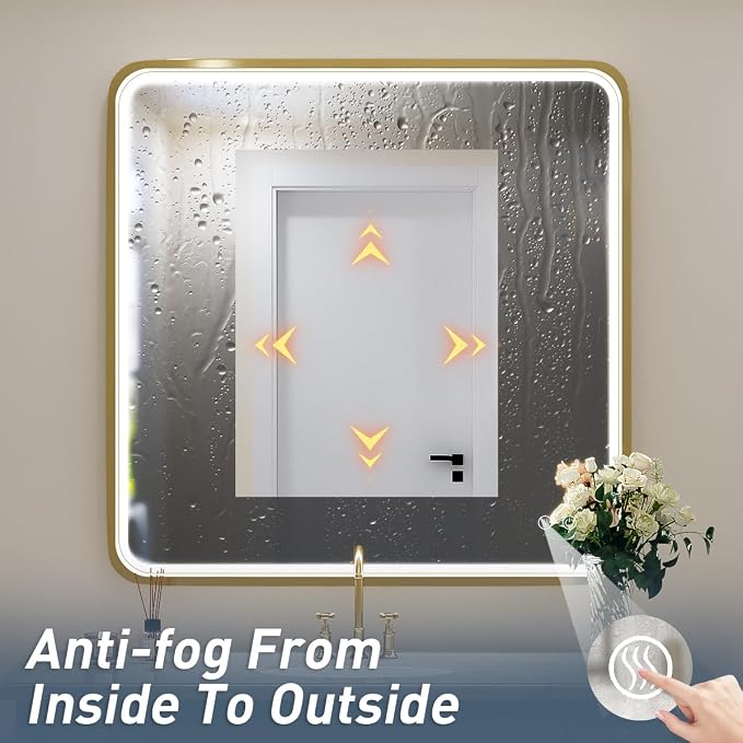 36X36 Inch LED Gold Frame Bathroom Mirror, ETL Listed | Anti-Fog,3 Color 3000K/4500K/6000K Dimmable,Horizontal & Vertical,Wall Mounted,Memory Function