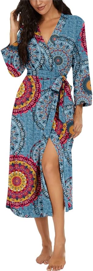 VINTATRE Women Kimono Robes Long Knit Bathrobe Lightweight Soft Knit Sleepwear V-neck Casual Ladies Loungewear
