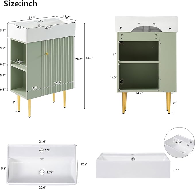 22" Small Bathroom Vanity with Sink, Morden Bathroom Vanities with Soft-Close Door and Open Shelf, Freestanding Narrow Vanity for Compact Space-Saving Bathrooms (Green,22" Freestanding Left Shelf)
