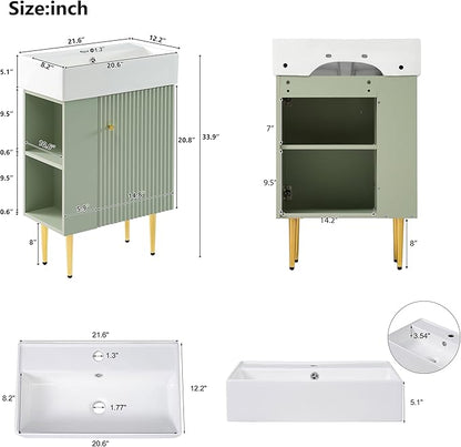 22" Small Bathroom Vanity with Sink, Morden Bathroom Vanities with Soft-Close Door and Open Shelf, Freestanding Narrow Vanity for Compact Space-Saving Bathrooms (Green,22" Freestanding Left Shelf)