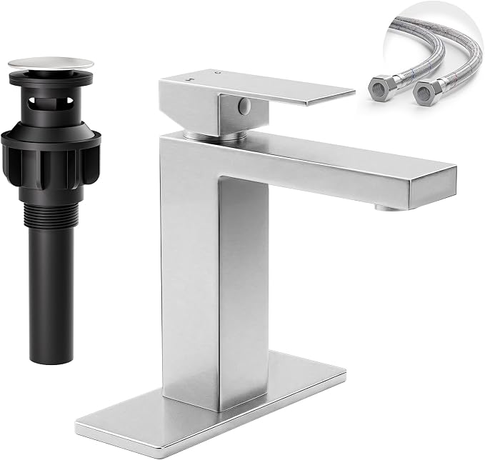 Bathroom Faucet, Brushed Nickel,SUS304 Stainless Steel Lead-Free | Vanity Faucet with Deck Plate & Pop-Up Drain, Single/3 Hole Installation, for Farmhouse, Bathroom Sink, Vanity, Washbasin, RV