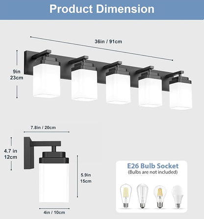 Matte Black Bathroom Light Fixtures, 5 Lights Bathroom Lighting Fixtures Over Mirror, Square Design & Rectangle Large Backplate, Modern Vanity Lighting Fixtures, for Living Room/Bedroom