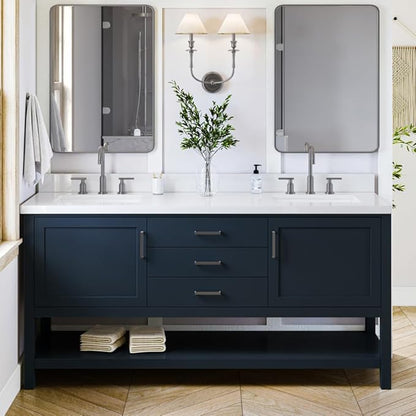 ARIEL Bayhill 72-inch Bathroom Vanity with Sink,Solid Wood, 1.5-inch Pure White Quartz Countertop, Double Rectangular Porcelain Sink, 2 Soft Closing Doors, 3 Dovetail Drawers, Midnight Blue