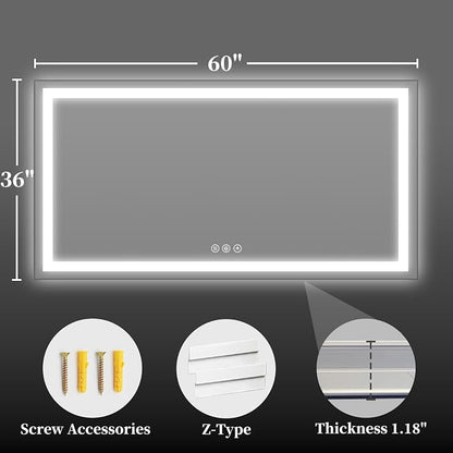 60"x36" LED Bathroom Mirror with Lights, Backlit+Frontlit, Anti-Fog | CRI 95, Stepless Dimmable, 3 Colors Lighting, Shatterproof Tempered Glass, HD Reflection, Memory, (Horizontal/Vertical)