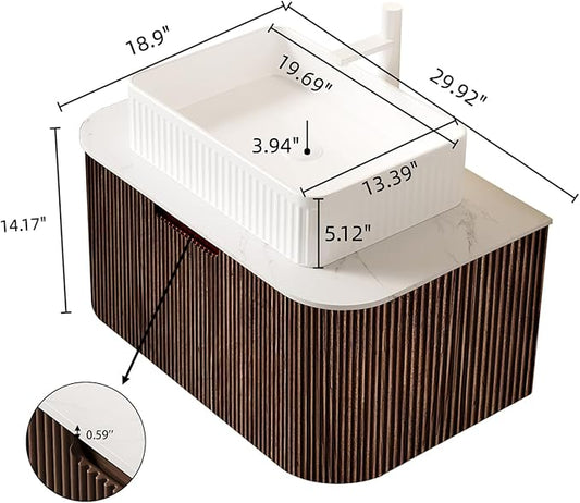 Yayzy 30" Floating Bathroom Vanity with Sink, Solid Wood Fluted Cabinet, White Fluted Square Ceramic Basin & Faux Marble Top, Soft-Close Drawer, Pre-Assembled, Walnut Woodgrain