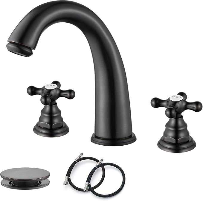 gotonovo Widespread Bathroom Sink Faucet 3 Hole Oil Rubbed Bronze,H&C Label | Vintage 8’’ Bathroom Faucet,2 Cross Handle,6-16’’ Sink,Vanity,RV,Farmhouse,SUS304,24’’ cUPC Hose,Pop Up Drain,Deck Mount