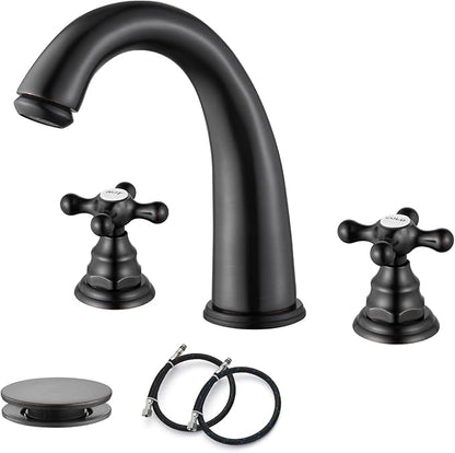 gotonovo Widespread Bathroom Sink Faucet 3 Hole Oil Rubbed Bronze,H&C Label | Vintage 8’’ Bathroom Faucet,2 Cross Handle,6-16’’ Sink,Vanity,RV,Farmhouse,SUS304,24’’ cUPC Hose,Pop Up Drain,Deck Mount