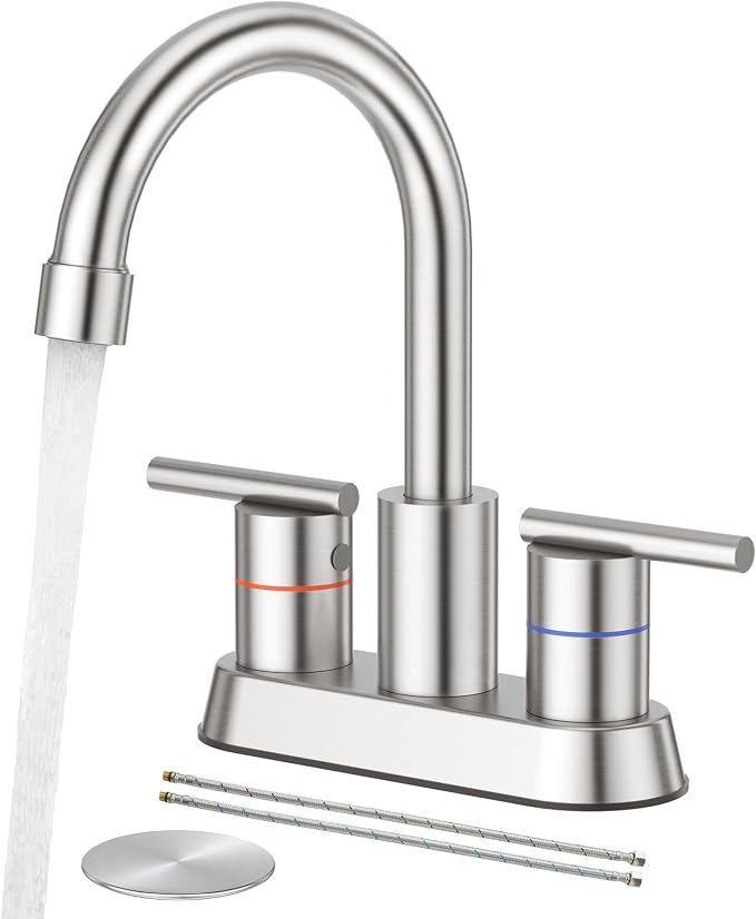 Faustina Brushed Bathroom Faucet, 4 Inch Centerset Faucets for Sink 2 Holes 3 Holes，Two Handles 304 Stainless Steel Bathroom Sink Faucet with Pup up Drain and 2 cUPC Water Supply Lines for RV Vanity