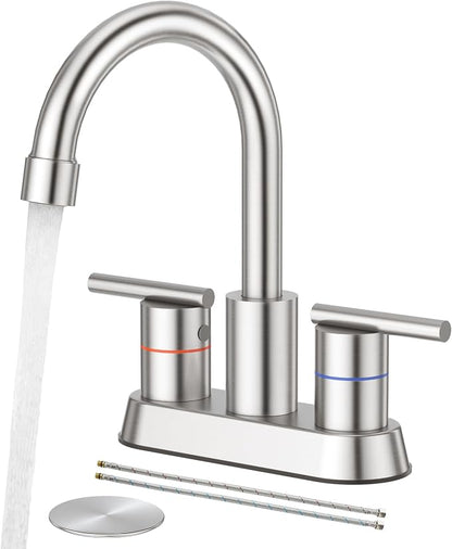 Faustina Brushed Bathroom Faucet, 4 Inch Centerset Faucets for Sink 2 Holes 3 Holes，Two Handles 304 Stainless Steel Bathroom Sink Faucet with Pup up Drain and 2 cUPC Water Supply Lines for RV Vanity