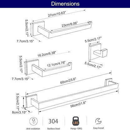 Bathroom Hardware Set Matte Black 23.6-Inch Towel Bar,2pcs Towel Hook,Toilet Paper Holder,Hand Towel Holder Stainless Steel Bathroom Accessories GTS3190B…