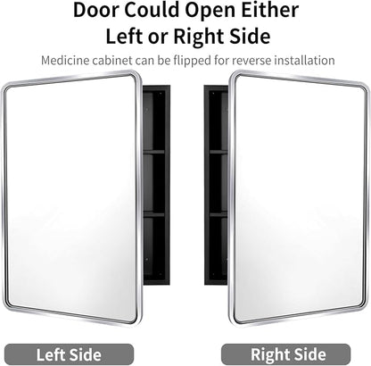 Movo Medicine Cabinet with Mirror, 20x28 Inch Farmhouse Metal Framed Rectangle Bathroom Mirror Cabinet, Recess or Surface Mount Installation Chrome