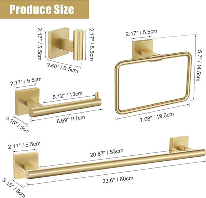 Gold Towel Bar Set 5-Piece Brushed Gold Bathroom Hardware Accessories Set Include 23.6in Towel Bar Toilet Paper Holder Towel Ring Towel Hooks,Stainless Steel Towel Holder Set Wall-Mounted