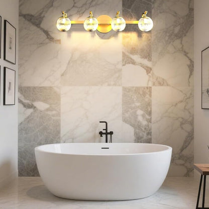 Lightdot Upgrade 4 Light Bathroom Vanity Light, 26" Modern Gold Vanity Lights with Waterproof Crystal Ribbed Lampshade, Rust-Proof Bathroom Light Fixtures Over Mirror for Kitchen Hallway Cabinet