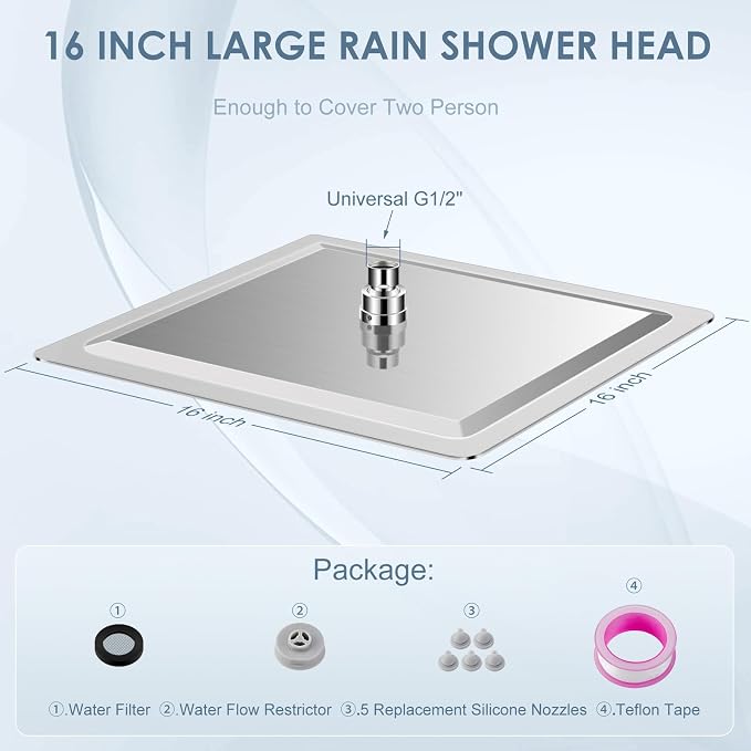 16 inch Brushed Nickel Large Rain Shower Head - All Metal 304 Stainless Steel, Full Body Rainfall Shower with 324 Silicone Nozzles - Waterfall Bathroom Square Showerheads, Ceiling Mounted