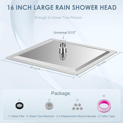 16 inch Brushed Nickel Large Rain Shower Head - All Metal 304 Stainless Steel, Full Body Rainfall Shower with 324 Silicone Nozzles - Waterfall Bathroom Square Showerheads, Ceiling Mounted