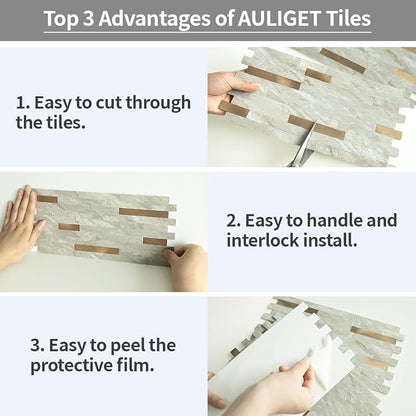 AULIGET 20 Sheets Faux Stone Peel and Stick Backsplash, Light Brown Marble Look PVC Wall Tiles Stick on Backsplash for Kitchen