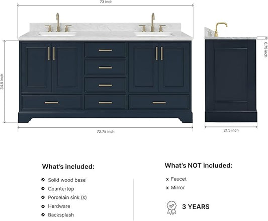 ARIEL Stafford 72-inch Bathroom Vanity with Sink,Solid Wood, 0.75-inch Italian Carrara Marble Countertop, Double Rectangular Porcelain Sink, 4 Soft Closing Doors, 6 Dovetail Drawers, Midnight Blue